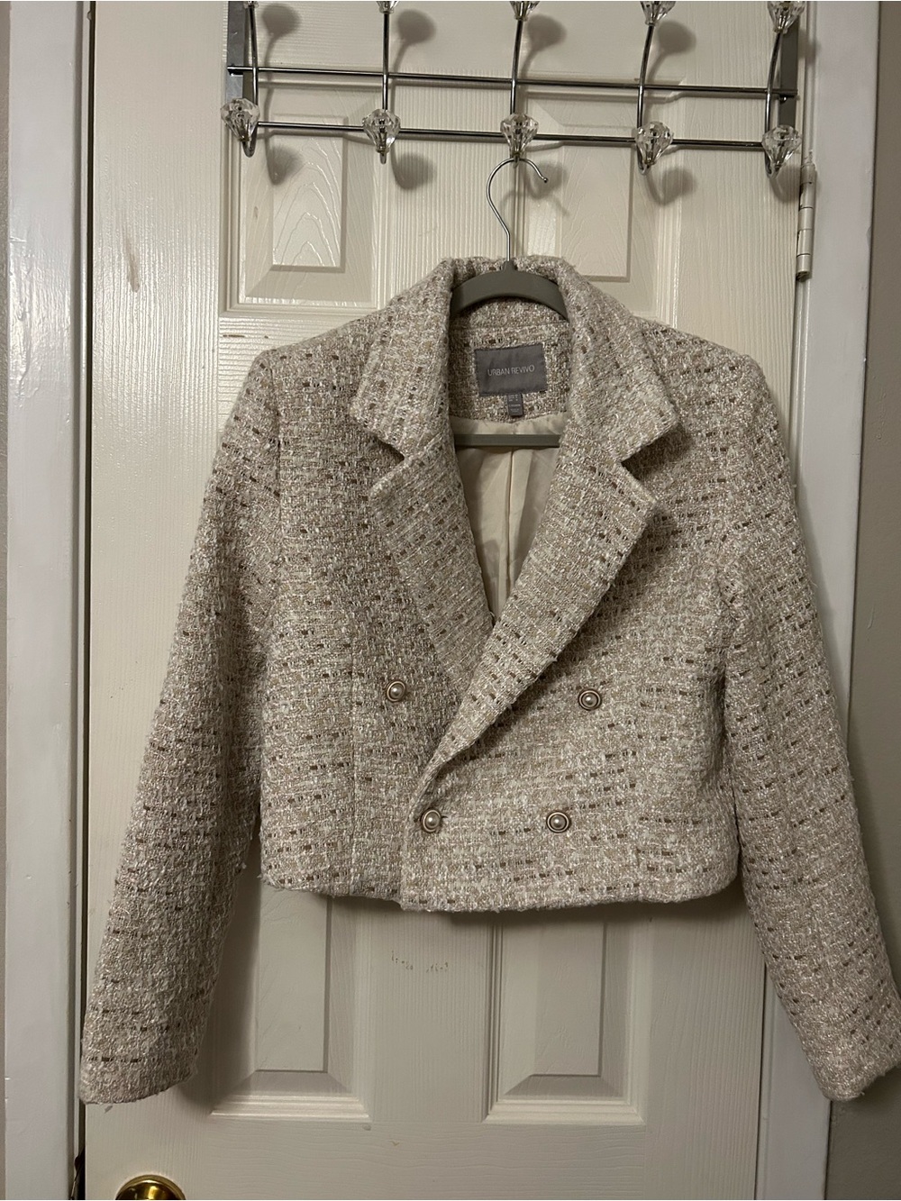 Urban Revivo Cropped Tweed Double-Breasted Blazer in Cream
